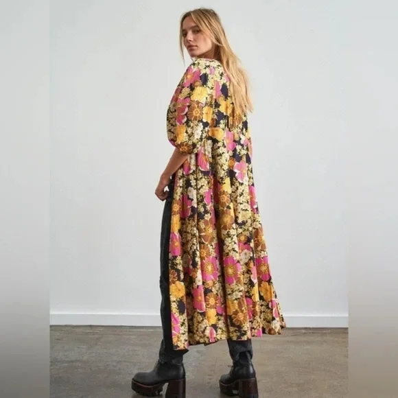 Free People Lydia Cotton midi dress Pink Black floral print Size small S - Picture 2 of 6